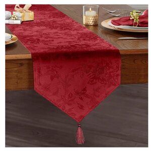 Christmas Silky Damask Table Runner Holly Homes Holiday Red Tassels 13” x 72 in